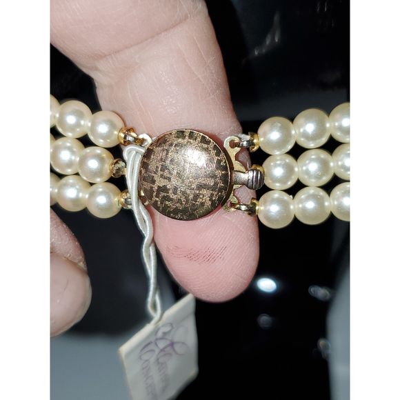 Vintage Faux Pearl Necklace Choker 3 Strand Vintage Rhinestones Costume Jewelry - Picture 4 of 8